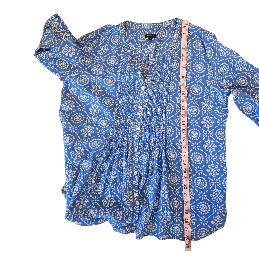 Talbots Women's Patterned Button Up Blouse Size XL Pleated Blue White 3/4 Sleeve - Picture 11 of 12